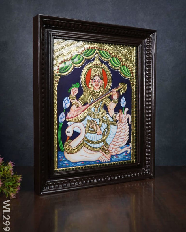Tanjore Painting - Swan Saraswathi - Flat (Gold Foil) - 15x12 inch - WL2994