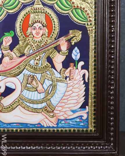 Tanjore Painting - Swan Saraswathi - Flat (Gold Foil) - 15x12 inch - WL2994