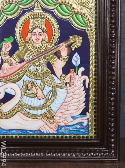 Tanjore Painting - Swan Saraswathi - Flat (Gold Foil) - 15x12 inch - WL2994