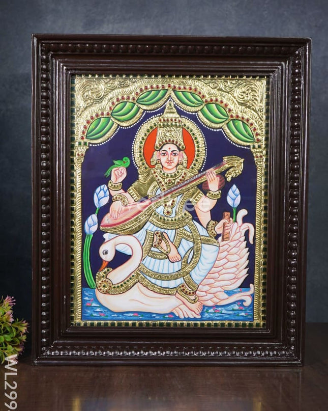 Tanjore Painting - Swan Saraswathi - Flat (Gold Foil) - 15x12 inch - WL2994