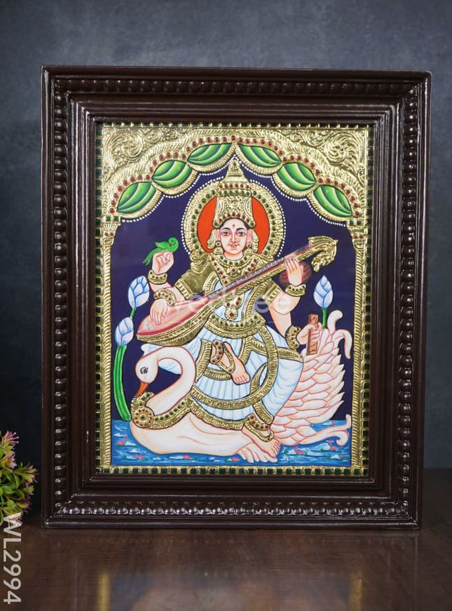 Tanjore Painting - Swan Saraswathi - Flat (Gold Foil) - 15x12 inch - WL2994
