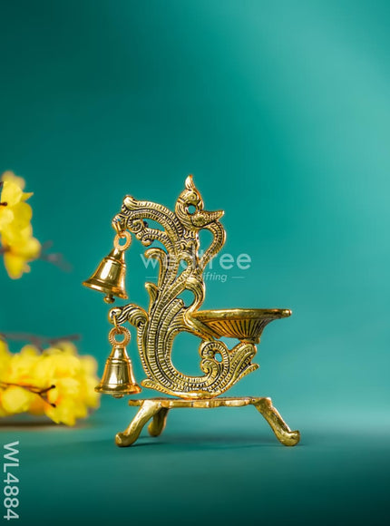 White Metal Chowki with Diya & Hanging Bells - Gold - WL4884