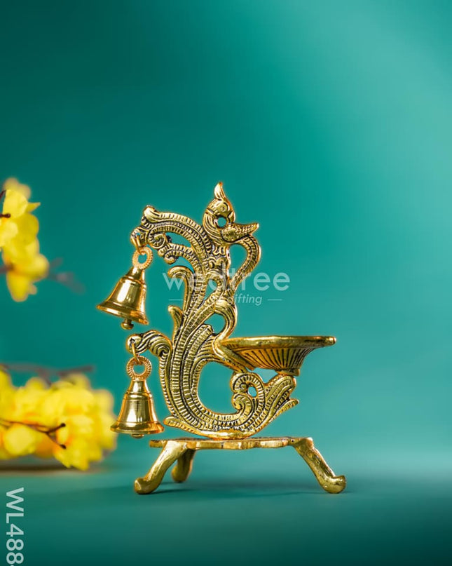 White Metal Chowki with Diya & Hanging Bells - Gold - WL4884