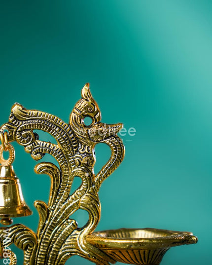 White Metal Chowki with Diya & Hanging Bells - Gold - WL4884