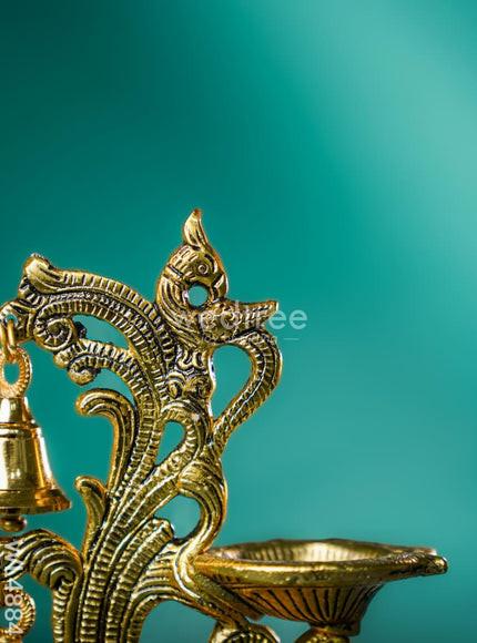 White Metal Chowki with Diya & Hanging Bells - Gold - WL4884