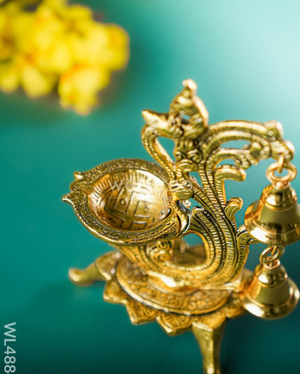 White Metal Chowki with Diya & Hanging Bells - Gold - WL4884