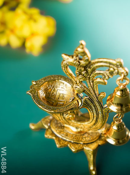 White Metal Chowki with Diya & Hanging Bells - Gold - WL4884