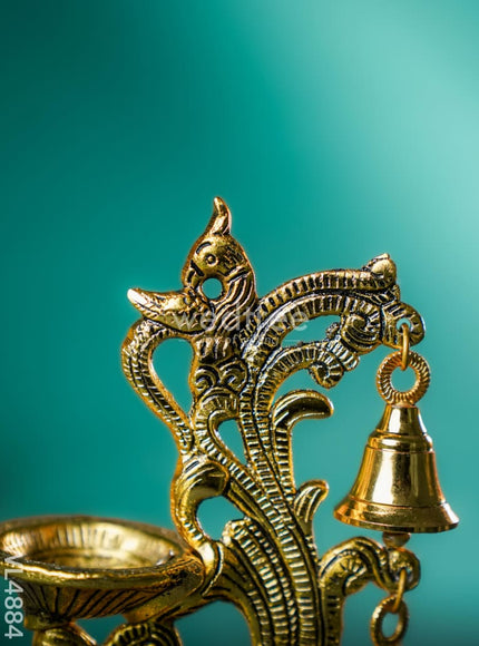 White Metal Chowki with Diya & Hanging Bells - Gold - WL4884