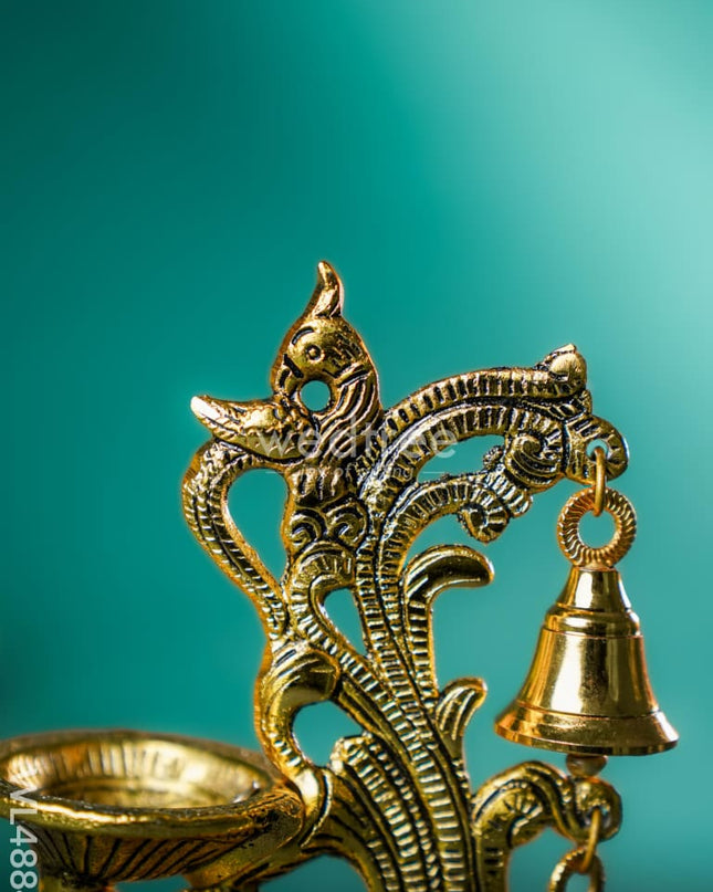 White Metal Chowki with Diya & Hanging Bells - Gold - WL4884