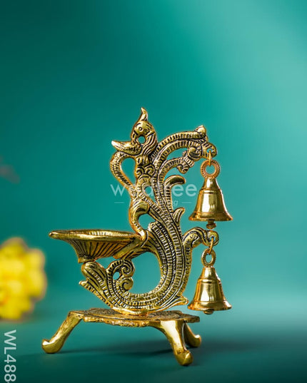 White Metal Chowki with Diya & Hanging Bells - Gold - WL4884