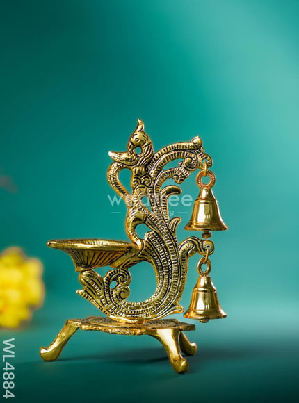 White Metal Chowki with Diya & Hanging Bells - Gold - WL4884