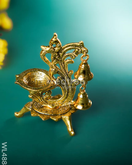 White Metal Chowki with Diya & Hanging Bells - Gold - WL4884