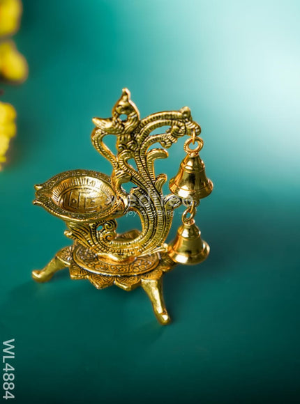 White Metal Chowki with Diya & Hanging Bells - Gold - WL4884