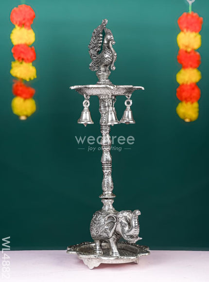 White Metal Kuthu Vilaku with Annapakshi & Elephant - 19 inch - WL4882