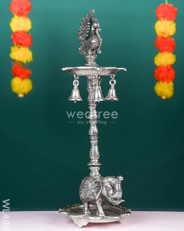 White Metal Kuthu Vilaku with Annapakshi & Elephant - 19 inch - WL4882