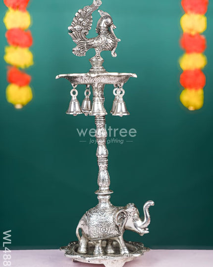 White Metal Kuthu Vilaku with Annapakshi & Elephant - 19 inch - WL4882