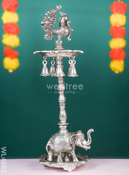 White Metal Kuthu Vilaku with Annapakshi & Elephant - 19 inch - WL4882