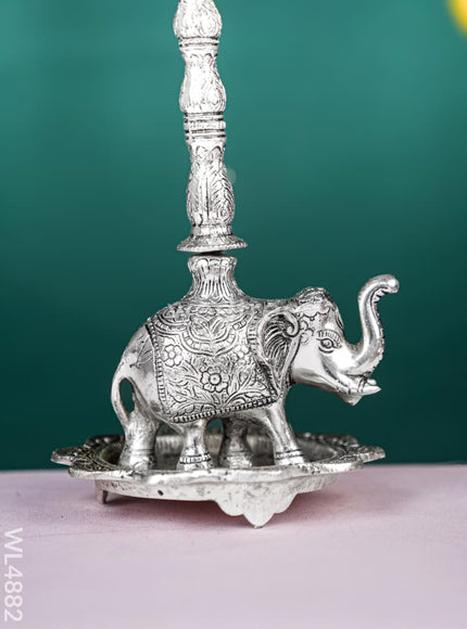 White Metal Kuthu Vilaku with Annapakshi & Elephant - 19 inch - WL4882