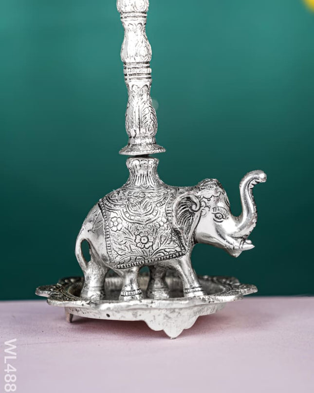 White Metal Kuthu Vilaku with Annapakshi & Elephant - 19 inch - WL4882