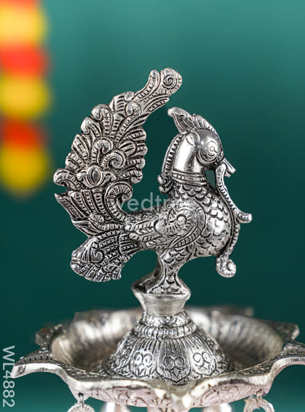 White Metal Kuthu Vilaku with Annapakshi & Elephant - 19 inch - WL4882