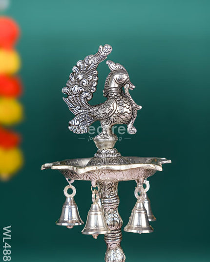 White Metal Kuthu Vilaku with Annapakshi & Elephant - 19 inch - WL4882